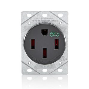 Prise NEMA 14-50R industrielle pour borne de recharge de véhicule électrique, installation murale.